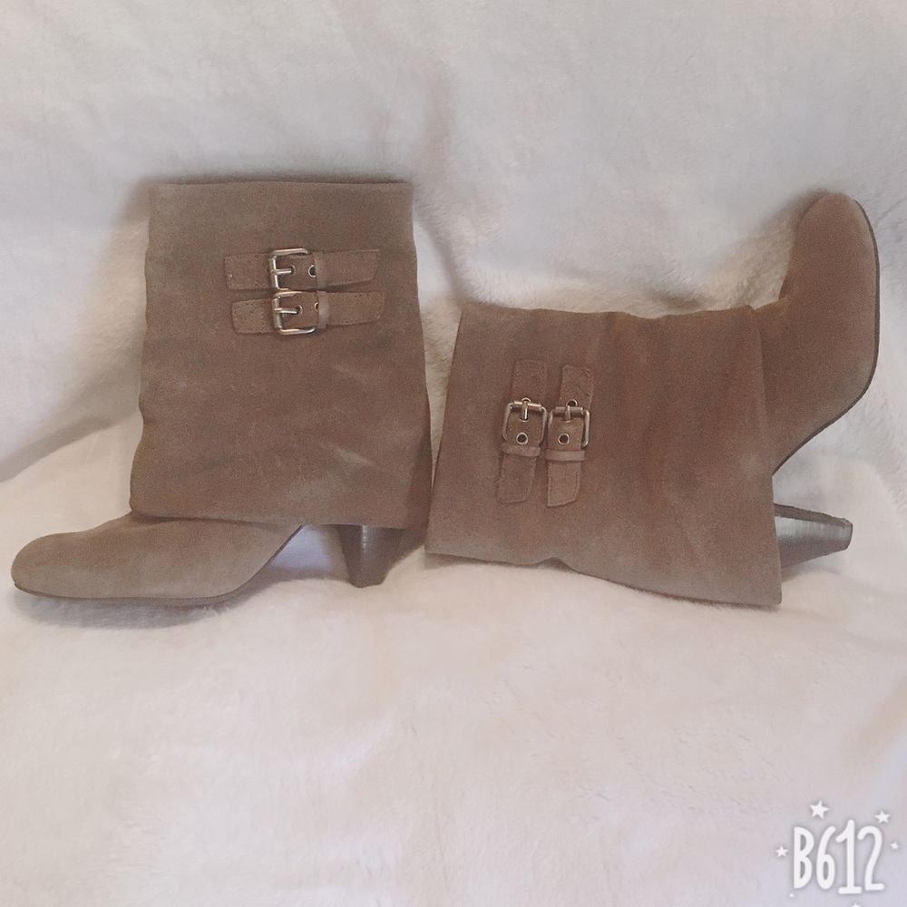 Foldover Buckle Suede Heeled Ankle Boots / Booties